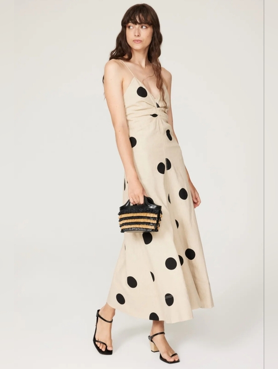 Tanya Taylor Dresses & Skirts - Tanya Taylor Women's Midi Meredith Dress, Tan/Black Polka Dot Linen Size 10 $565